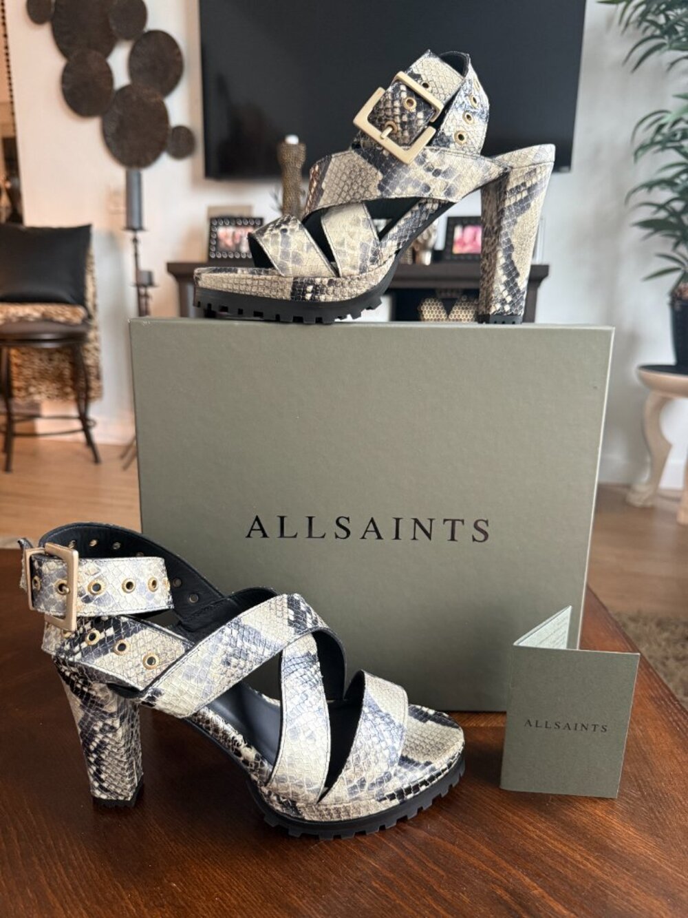 ALLSAINTS Sienna Snake Print Leather Platform Strappy Ankle Sandal | 40 | NWB